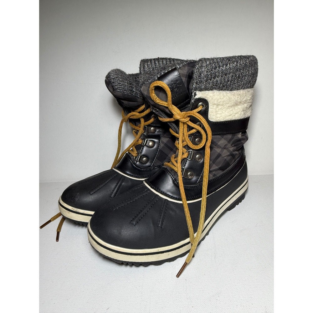 Global Win Black and Gray Winter Boots with Cream Accents Womens Sz 8 Plaid EUC
